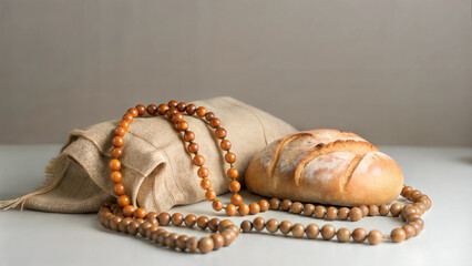 Rustic Loaf of Bread with Rosary on Linen Sack for Spiritual Simplicity
