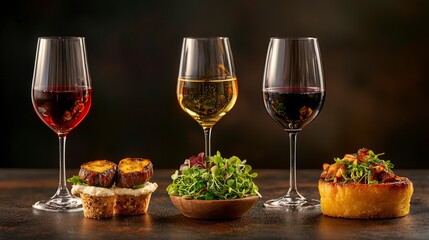 Naklejka premium An elegant display of wine glasses filled with red, white, and rose wines, paired with gourmet appetizers on a rustic wooden table.