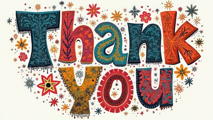 Colorful artwork features the words thank you in a playful, artistic style. The design is adorned with floral patterns and whimsical elements, conveying gratitude and cheer. Generative AI