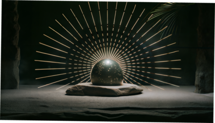 Glowing orb with radiant golden rays in a dark setting