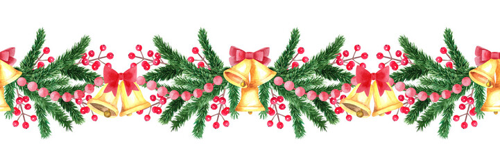 Christmas seamless border watercolor hand drawn illustration with pine branches, red berries, poinsettia isolated on white background. Winter holiday decoration for greeting card. Scrapbooking element