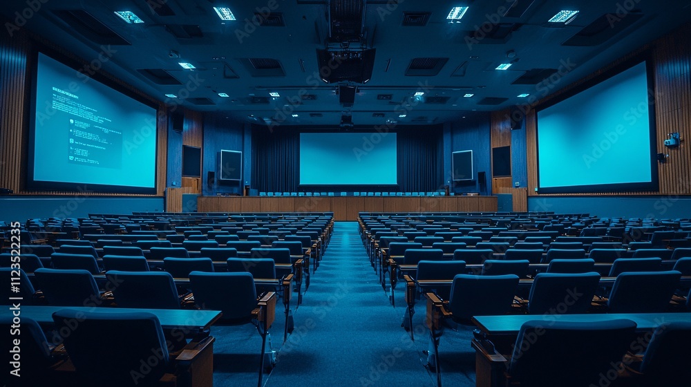 Poster a futuristic digital lecture hall design showcasing engagement through large display panels stock ph