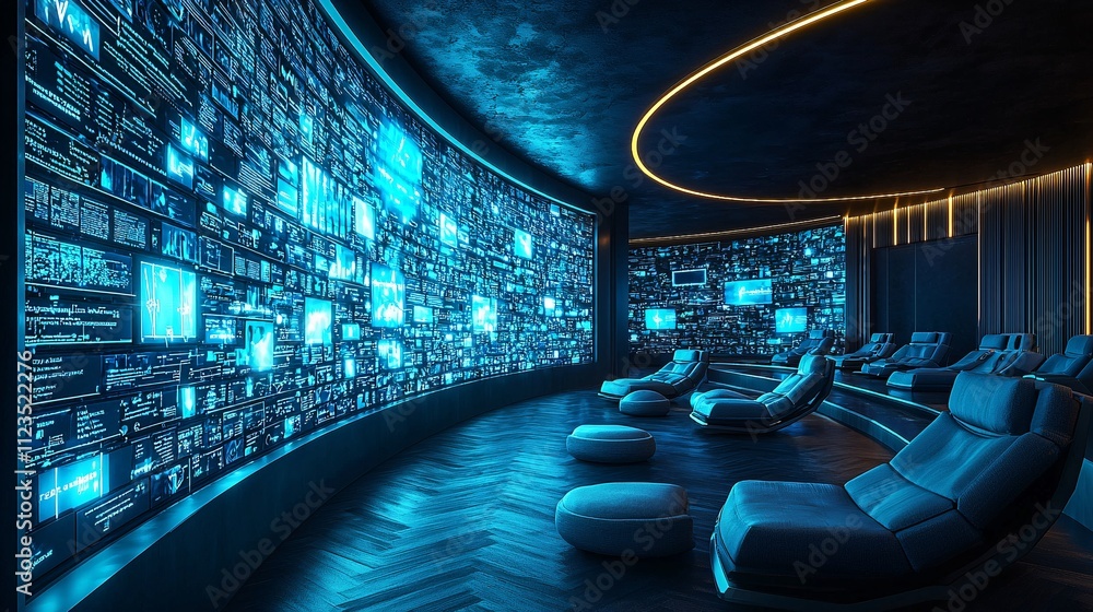 Poster a futuristic digital lecture hall design showcasing engagement through large display panels stock ph