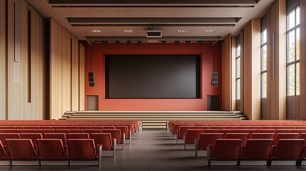 A futuristic digital lecture hall design showcasing engagement through large display panels Stock Photo with side copy space