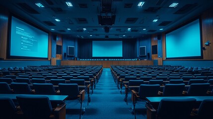 A futuristic digital lecture hall design showcasing engagement through large display panels Stock Photo with side copy space
