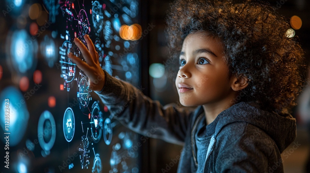 Poster a tablet displaying gamified educational progress with vibrant visuals stock photo with side copy sp