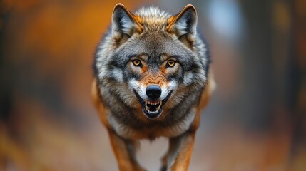 Fototapeta premium Fierce wolf snarling in blur forest background