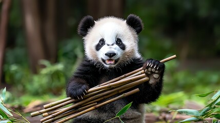 Fototapeta premium A cute panda holds bamboo sticks, showcasing its playful nature in a lush green environment.