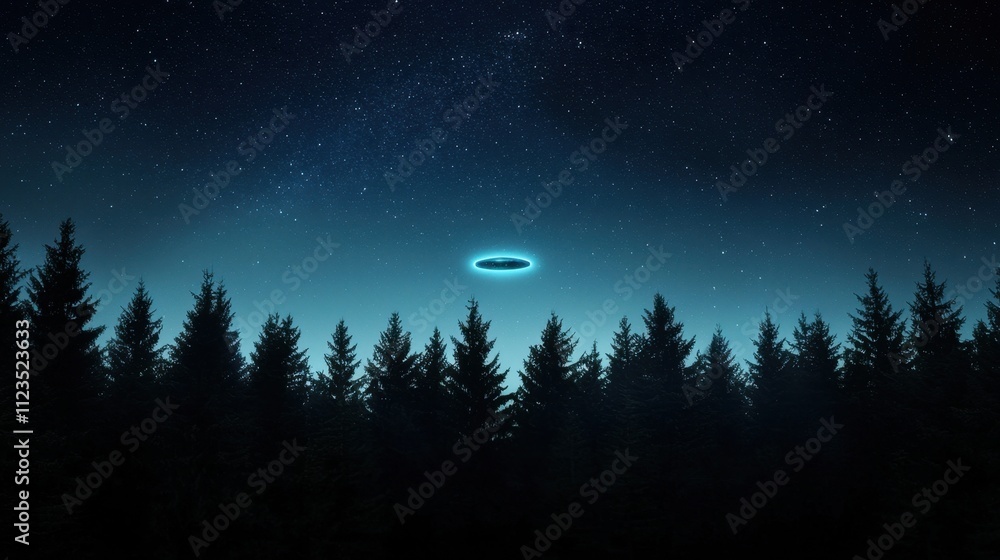 Aufkleber a large, glowing object is hovering over a forest of trees