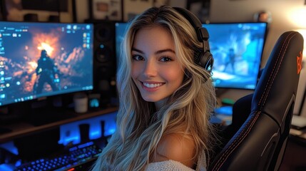 Smiling blonde woman wearing a gaming headset, sitting in a futuristic gaming setup with multiple screens and neon lights, exuding a relaxed and confident gamer vibe