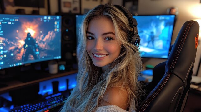 Smiling blonde woman wearing a gaming headset, sitting in a futuristic gaming setup with multiple screens and neon lights, exuding a relaxed and confident gamer vibe