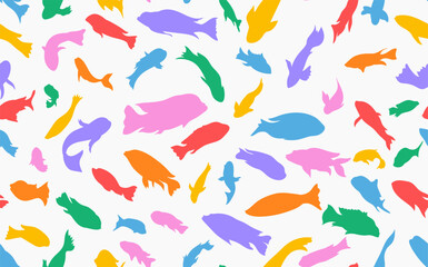 Colored fish vector seamless pattern wallpaper background. Pattern of fish of different shapes and species swim chaotically. Marine theme, sea and ocean fish. Vector illustration.