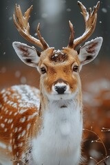 A deer with antlers covered in snow, looking directly at the camera.