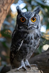 A gray and white owl with bright yellow eyes is perched on a branch.