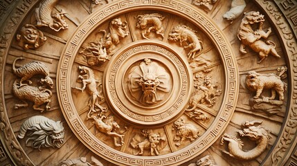 Fototapeta premium Intricate wooden carving of Chinese zodiac animals arranged in a circular pattern.