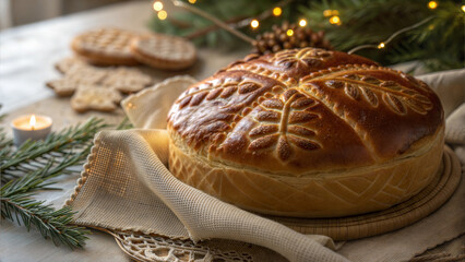 Traditional Christmas bread loaf on wooden table with festive greenery and warm holiday lights