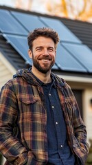 Smiling Man Stands Outside a House With Solar Panels on the Roof During Sunset in a Cozy Neighborhood