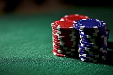 Colorful poker chips stacked on a casino table, surrounded by playing cards and green felt, capturing the excitement and strategy of a high-stakes game