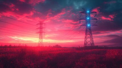 Naklejka premium Futuristic power line tower with glowing neon red structure, showcasing the future of energy networks and technological progress.