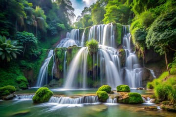Fototapeta premium A cascading waterfall surrounded by lush greenery background design