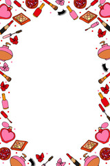 vertical frame of color drawings of cosmetics and perfumes, hand-drawn on a white vertical background.