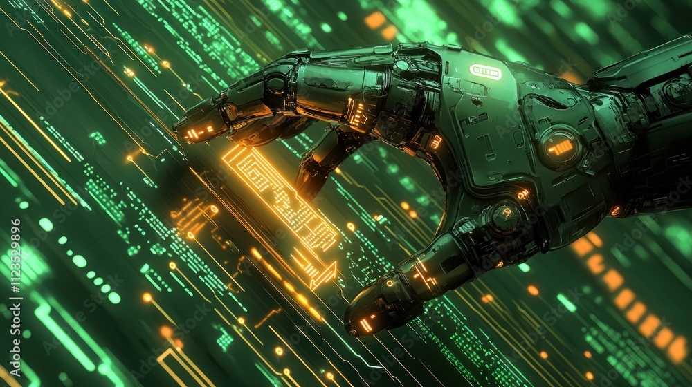 Aufkleber robotic hand interacting with digital data stream, futuristic technology concept.