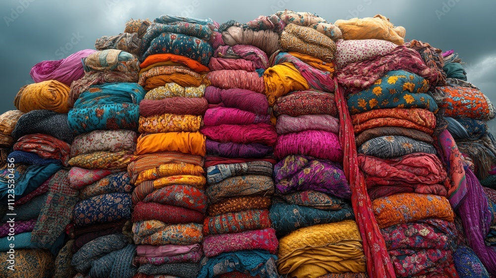 Poster a vibrant stack of colorful fabrics in various patterns and textures.
