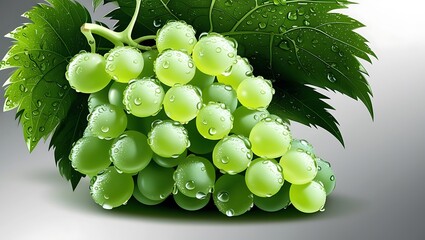 Green Grapes Cluster with Dewy Leaves