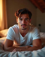 Fototapeta premium A man lies relaxed in bed, his face showing comfort. He is wearing a white t-shirt and is in a quiet room