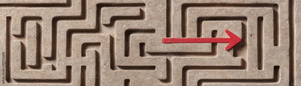 Poster a maze with a red arrow indicating the correct path through its complex routes and twists.
