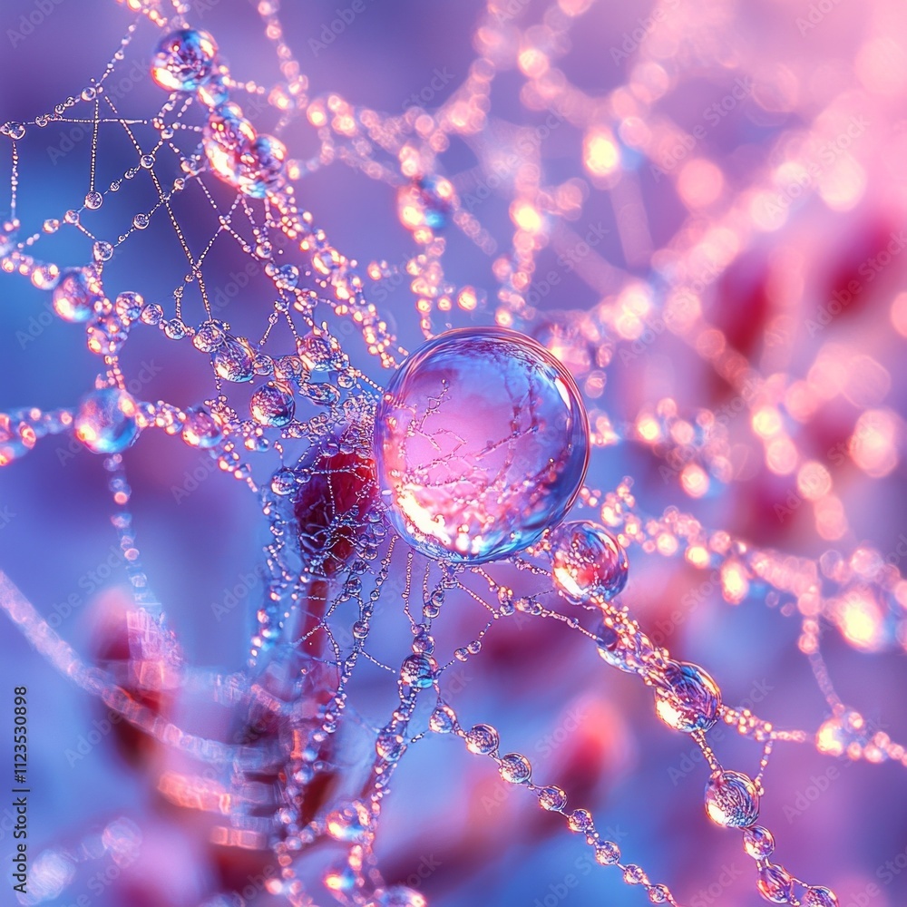 Poster dewdrops rest spider web capturing morning light and forming sparkling patterns. delicate design sho