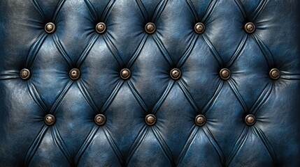Fototapeta premium Detailed texture of deep blue leather upholstery showcases tufting and metal buttons for a stylish look