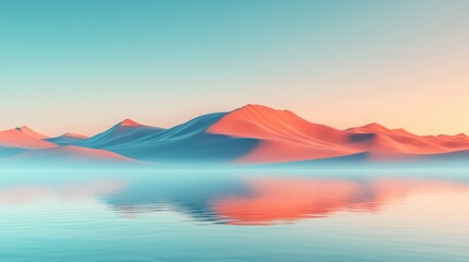 Mountains in soft hues reflect on still water under a colorful sunrise, creating a peaceful atmosphere