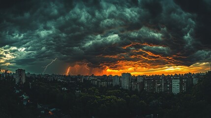 A vibrant sunset casts orange hues over a city skyline amidst looming storm clouds and flashes of lightning