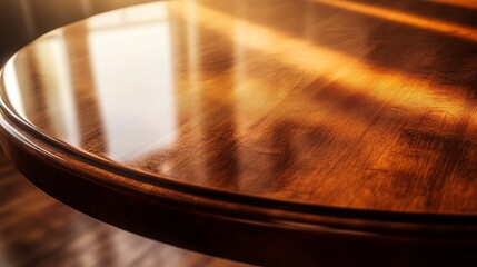 Obraz premium Close-up of a Polished Wooden Table with Warm Brown Tones and Smooth Reflections for Home Decor or Furniture Design Generative AI