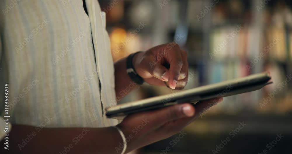 Poster Hand, tablet and scroll in house with internet on application, connection and typing for post on web. Person, smartphone and click with chat, notification and check message on social network at home