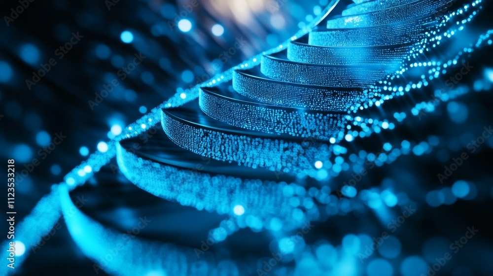 Poster futuristic staircase made of holographic light beams in a digital environment, ideal for tech and in