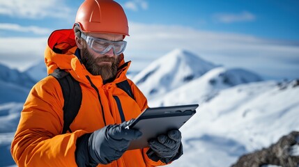 man dressed in an orange expedition jacket and safety helmet checks a tablet device in a snowy mountainous area. bright blue sky and snow-capped peaks create a stunning backdrop