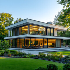 Obraz premium Modern Luxury House Glass Architecture Evening Sunset