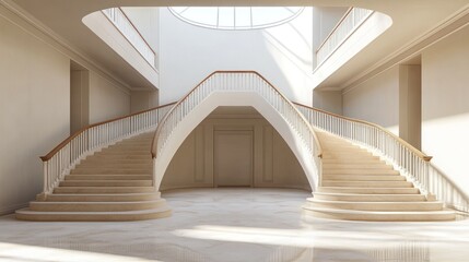 Grand, curved double staircase in a bright, elegant foyer with high ceilings and natural light.