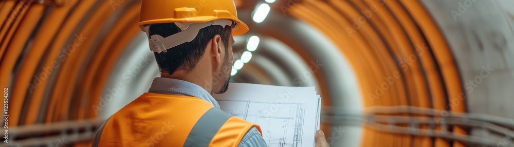 Poster a construction worker in a safety helmet examines blueprints inside an illuminated tunnel, showcasin