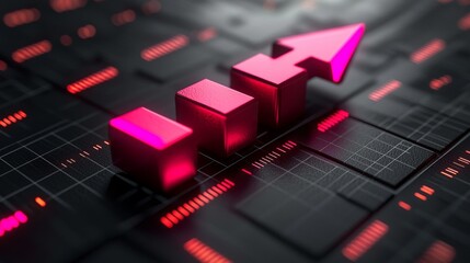 vibrant red upward arrow stands matte black backdrop faint grid lines. design embodies ambition and urgency ideal marketing and financial reports.