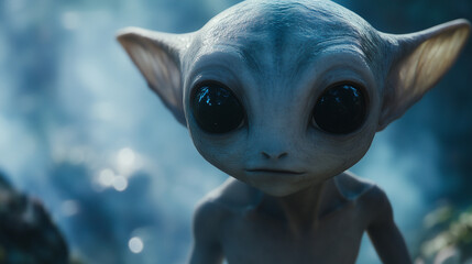 A close-up of a gray alien with large black eyes staring into the camera, surrounded by mist and soft blue light