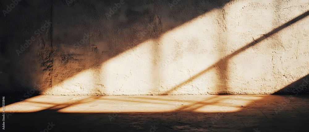 Poster abstract play of light and shadow in an empty room with textured wall and painted floor, ideal for b