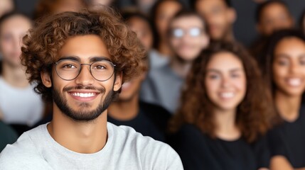 Obraz premium young man with curly hair and glasses beams with joy while engaged in a conversation with peers in a classroom environment during a lively workshop focused on collaboration and learning