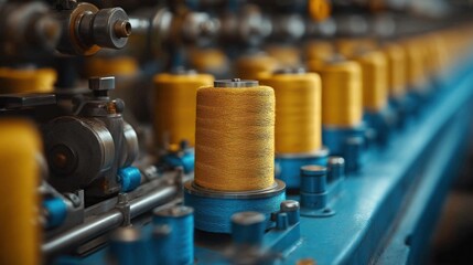 spool of yellow thread stands prominently in the foreground while numerous other spools are arranged in a textile factory. machinery is set up for high-volume production