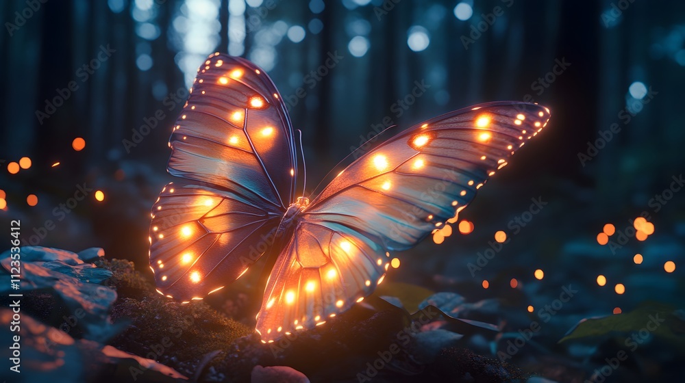 Poster enchanting glowing butterfly in forest surrounded by twinkling lights, captivating nature scene with