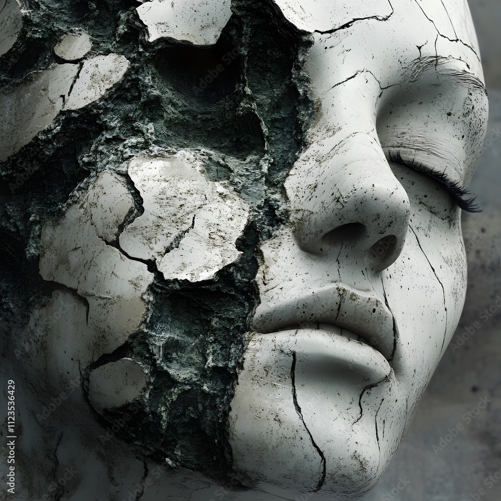 Poster A Surreal Representation of Fragility and Strength Exploring the Duality of Human Emotion Through a Cracked and Weathered Sculpture of a Female Face