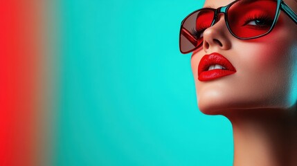 A modern portrait of a woman wearing stylish red glasses and bold red lips against a dynamic...