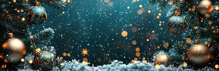 Fototapeta premium Blue Christmas ornaments with pine branches, snowflakes, and pinecones on a dark green background Generative AI